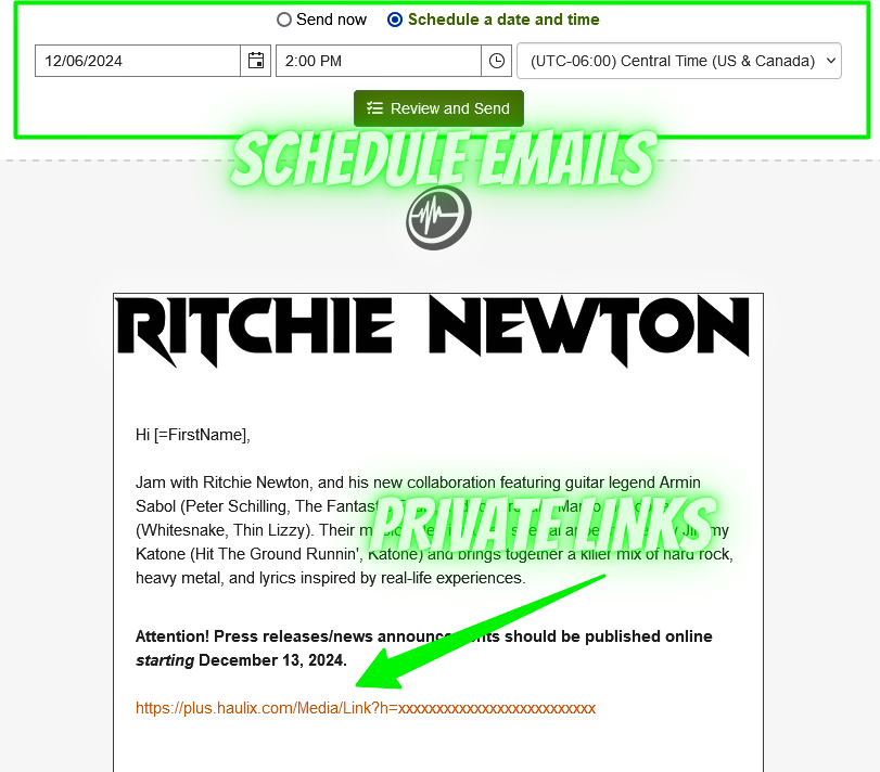 Schedule Emails and Send Private Links